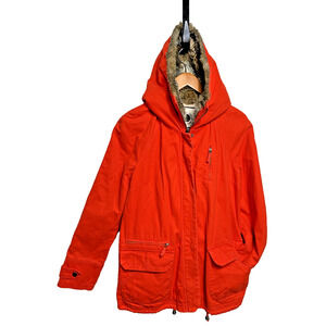 Women's Orange Barn Chore Jacket Faux Fur Hood Size M Fall Outerwear Outfit EUC
